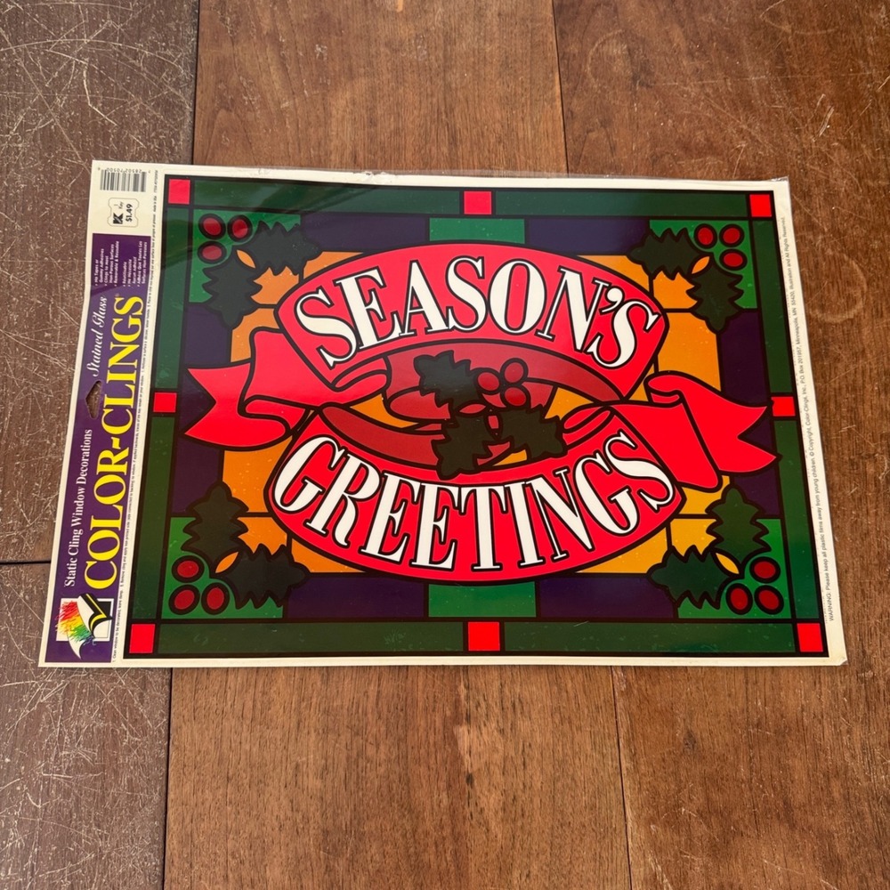 Vintage Seasons Greetings Stained‎ Glass Style Window Color-Clings Holiday Decor